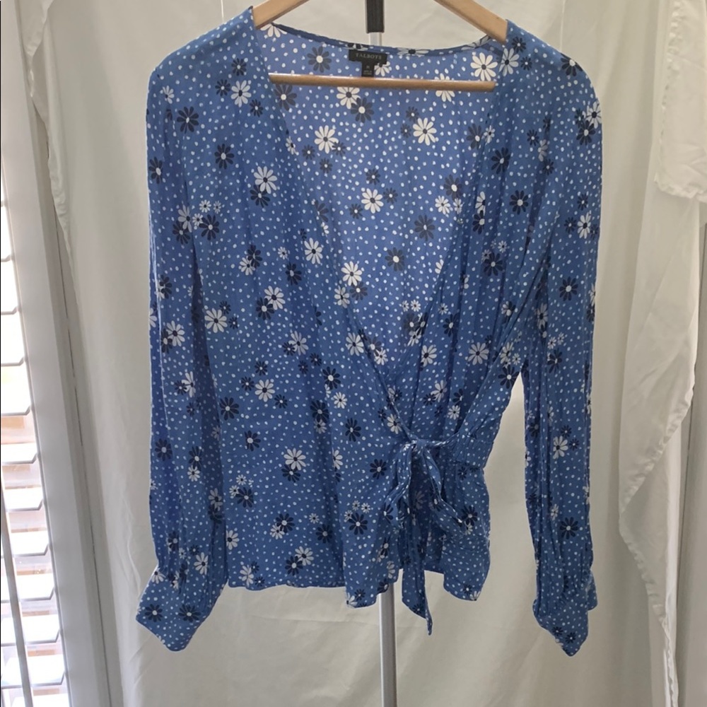 Talbots Blue Tie Front Long Sleeve Blouse